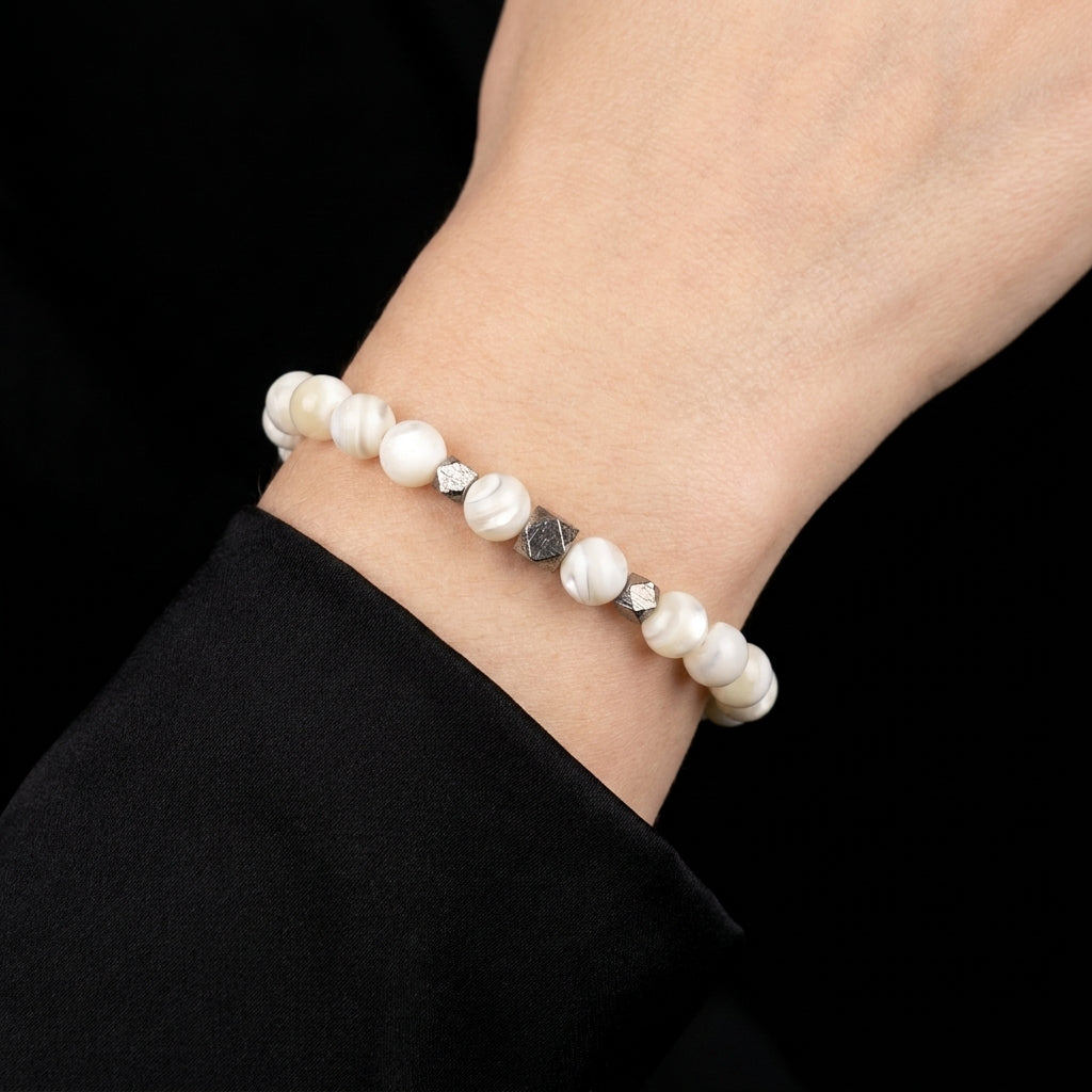 Round Mother of Pearl & Meteorite Bracelet