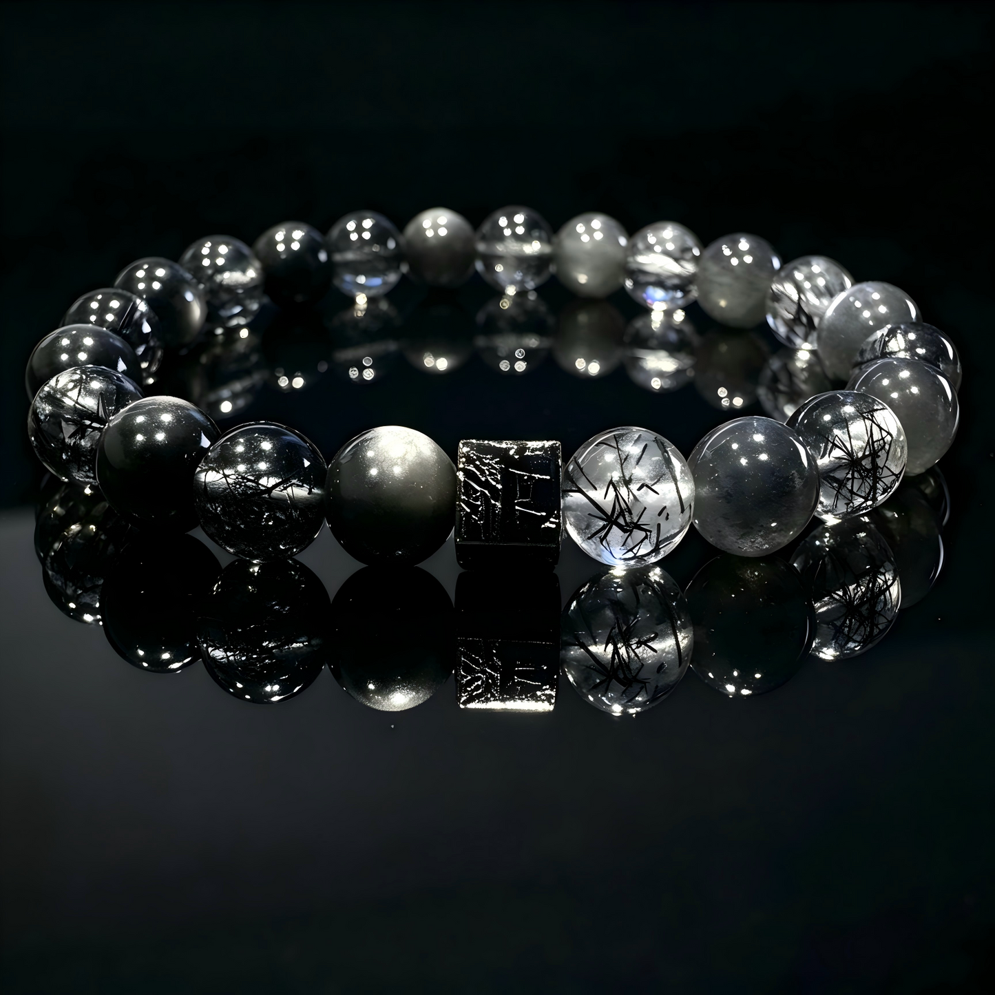 Black Rutilated Quartz × Silver Obsidian × Black Bone Dry × Meteorite Energy Bracelet