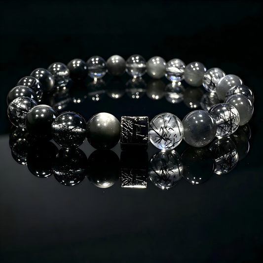 Black Rutilated Quartz × Silver Obsidian × Black Bone Dry × Meteorite Energy Bracelet