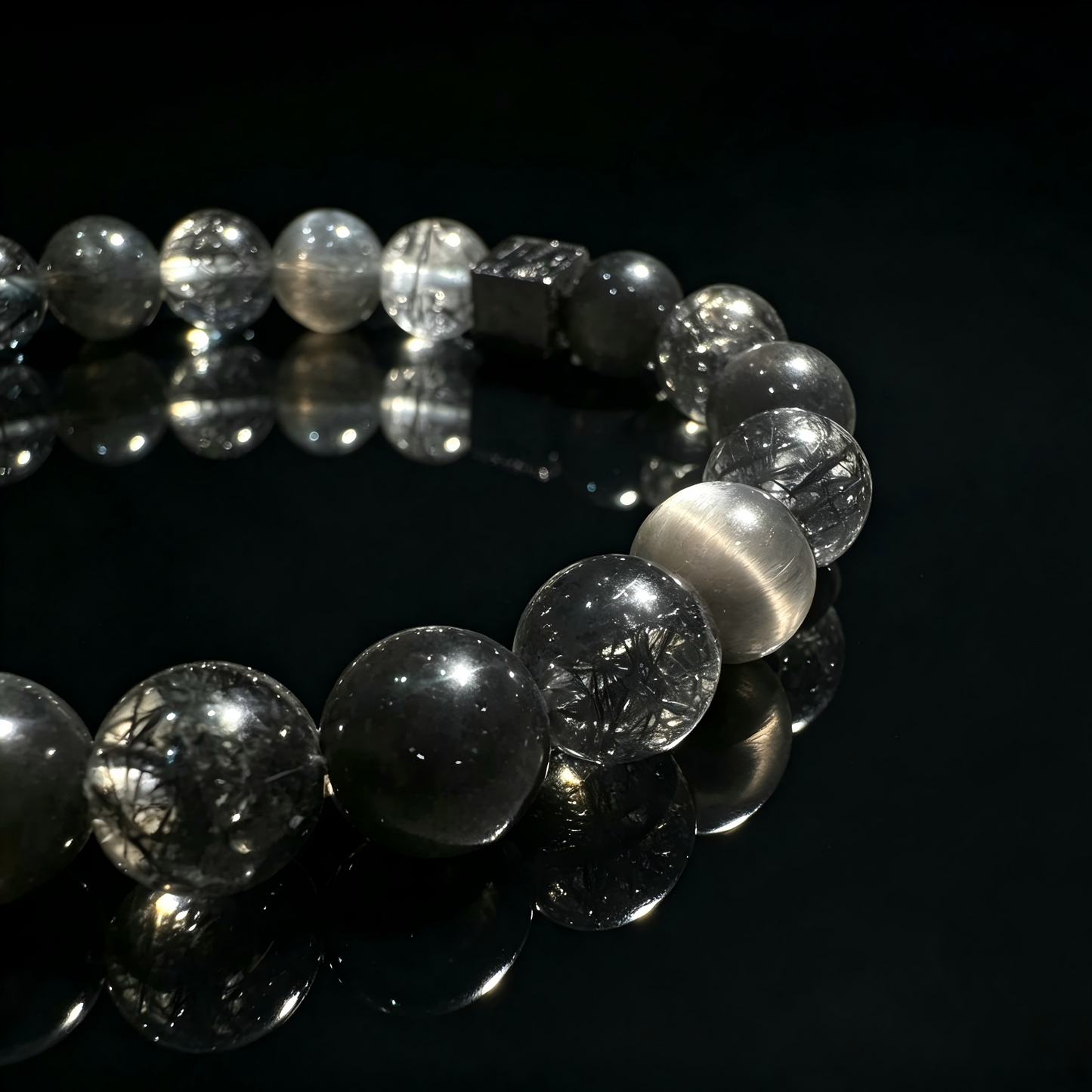 Black Rutilated Quartz × Silver Obsidian × Black Bone Dry × Meteorite Energy Bracelet