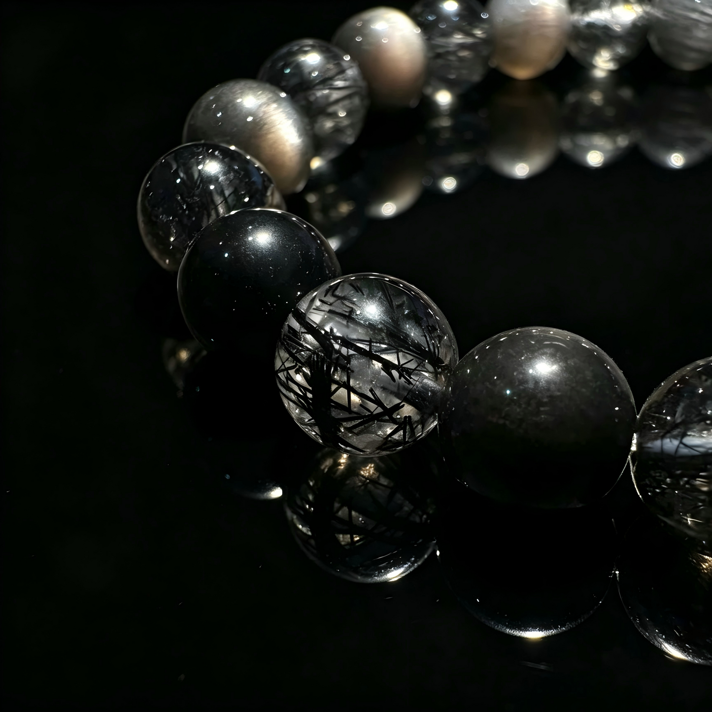 Black Rutilated Quartz × Silver Obsidian × Black Bone Dry × Meteorite Energy Bracelet