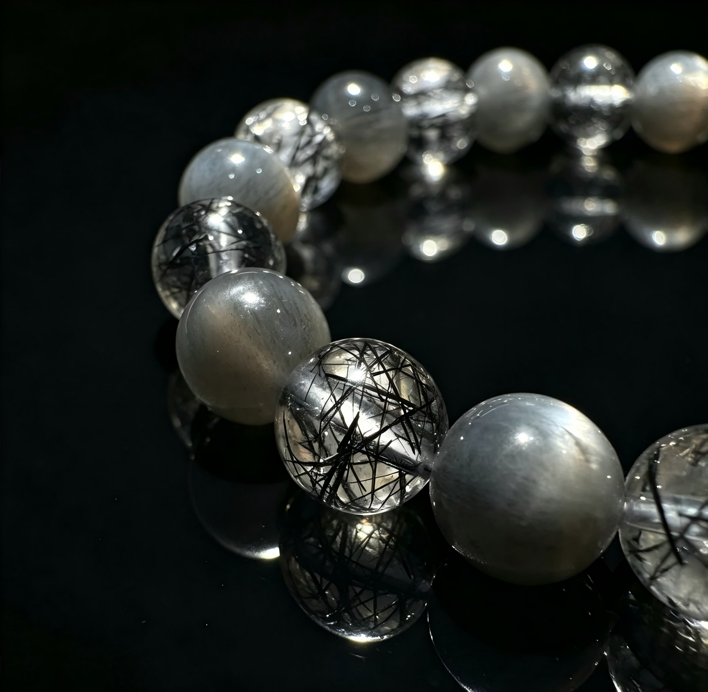 Black Rutilated Quartz × Silver Obsidian × Black Bone Dry × Meteorite Energy Bracelet
