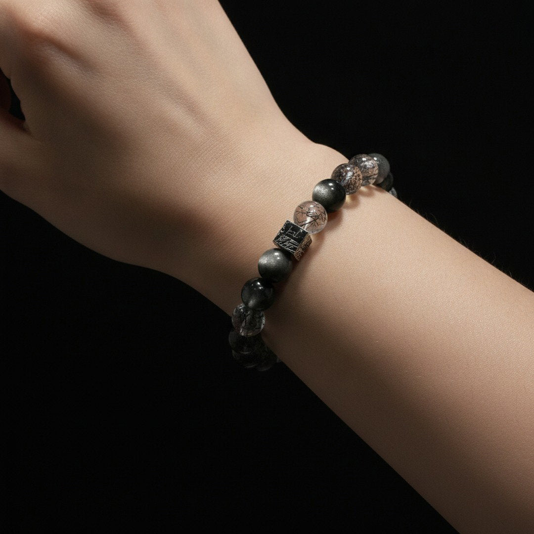 Black Rutilated Quartz × Silver Obsidian × Black Bone Dry × Meteorite Energy Bracelet