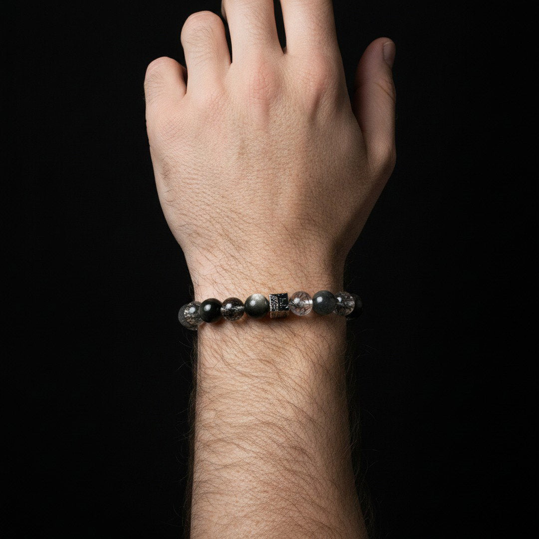 Black Rutilated Quartz × Silver Obsidian × Black Bone Dry × Meteorite Energy Bracelet